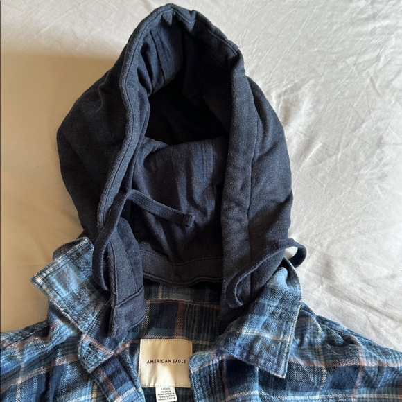 American Eagle Outfitters Blue Plaid Hooded Shirt Jacket - Picture 4 of 5